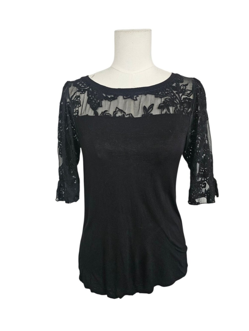 Anthropologie Tiny Black Lace Yoke Short Sleeve Women's Top XS